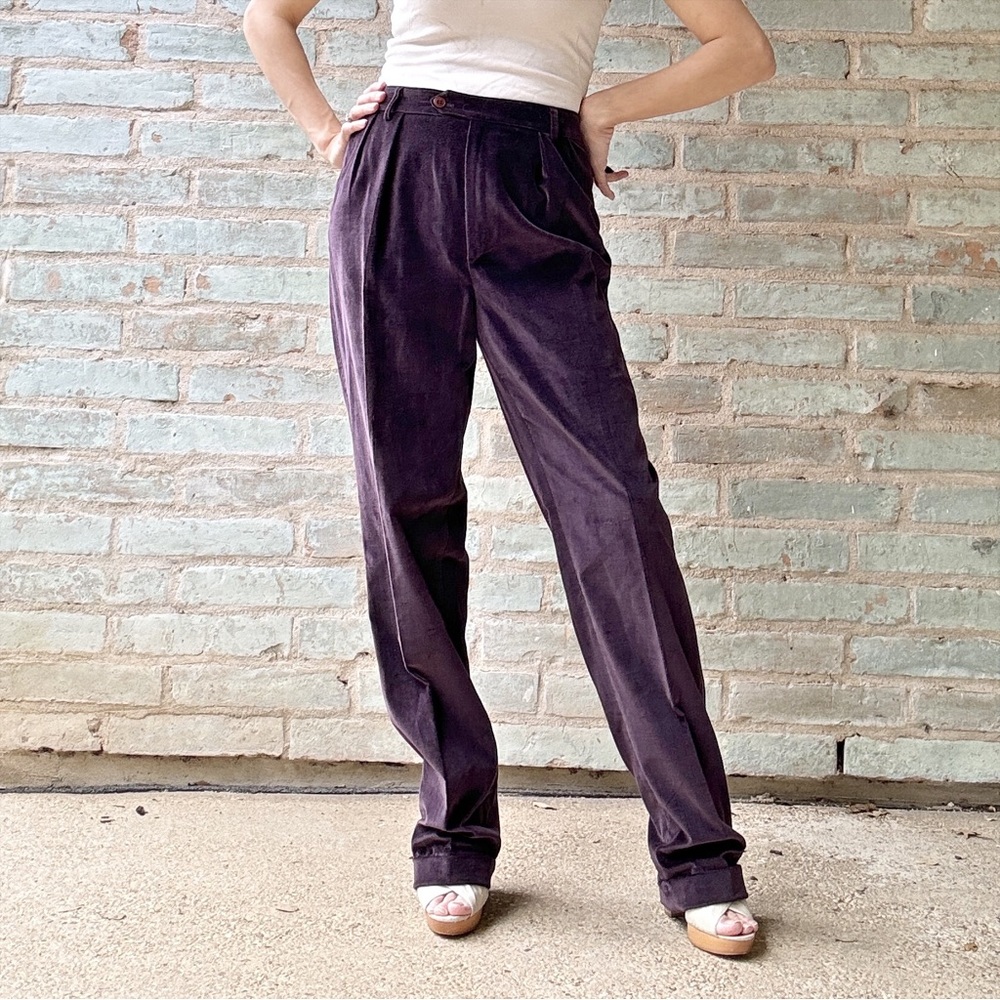 Vintage Velvet Trousers 70s Purple Pleated High Waist Tall Taper Pants Deadstock